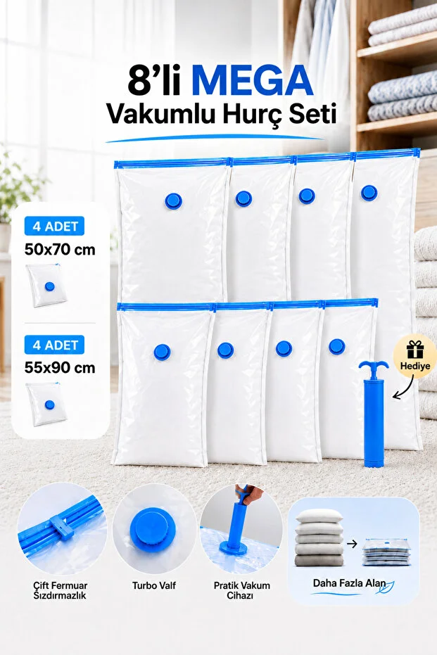 8'li Vakumlu Hurç Seti 2 Farklı Boy Büyük Boy Kıyafet Yorgan Hurcu (POMPA HEDİYELİ)